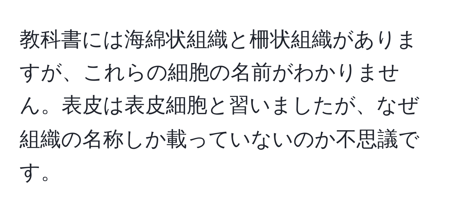 教科書には海綿状組織と柵状組織がありますが、これらの細胞の名前がわかりません。表皮は表皮細胞と習いましたが、なぜ組織の名称しか載っていないのか不思議です。