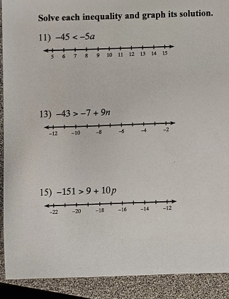 Solve each inequality and graph its solution. 
11) -45
13) -43>-7+9n
15) -151>9+10p