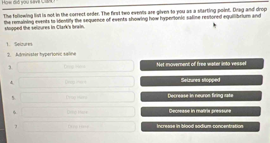 How did you save Clark? 
The following list is not in the correct order. The first two events are given to you as a starting point. Drag and drop 
the remaining events to identify the sequence of events showing how hypertonic saline restored equilibrium and 
stopped the seizures in Clark's brain. 
1. Seizures 
2. Administer hypertonic saline 
3. Drop Here Net movement of free water into vessel 
4. Drop Here Seizures stopped 
5. Drop Hèra Decrease in neuron firing rate 
6. Drop Here Decrease in matrix pressure 
7 Drep Hiare Increase in blood sodium concentration