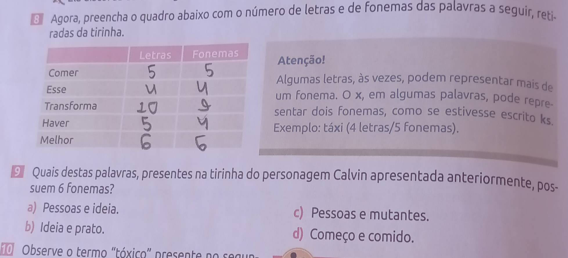 Agora, preencha o quadro abaixo com o número de letras e de fonemas das palavras a seguir, reti-
radas da tirinha.
Atenção!
Algumas letras, às vezes, podem representar mais de
um fonema. O x, em algumas palavras, pode repre-
sentar dois fonemas, como se estivesse escrito ks.
Exemplo: táxi (4 letras/ 5 fonemas).
9 Quais destas palavras, presentes na tirinha do personagem Calvin apresentada anteriormente, pos-
suem 6 fonemas?
a) Pessoas e ideia. c) Pessoas e mutantes.
b) Ideia e prato. d) Começo e comido.
0 Observe o termo "tóxico' presente no segu