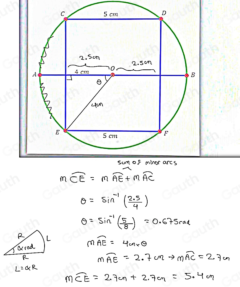 mwidehat CE=mwidehat AE+mwidehat AC
θ =sin^(-1)( (2.5)/4 )
θ =sin^(-1)( 5/8 )=0.675rad
R L
arad
mwidehat AE=4cnxθ
R
mwidehat AE=2.7cmto mwidehat AC=2.7cm
L=alpha R
mwidehat CE=2.7cm+2.7cm=5.4cm