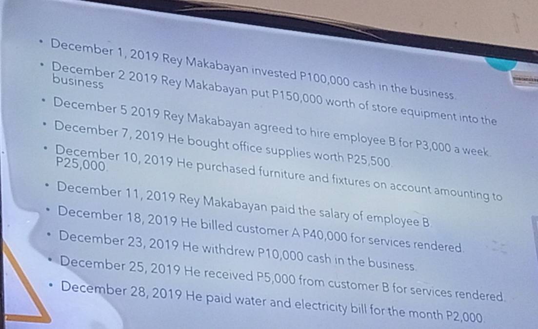 December 1, 2019 Rey Makabayan invested P100,000 cash in the business. 
business 
December 2 2019 Rey Makabayan put P150,000 worth of store equipment into the 
December 5 2019 Rey Makabayan agreed to hire employee B for P3,000 a week. 
December 7, 2019 He bought office supplies worth P25,500.
P25,000
December 10, 2019 He purchased furniture and fixtures on account amounting to 
December 11, 2019 Rey Makabayan paid the salary of employee B 
December 18, 2019 He billed customer A P40,000 for services rendered. 
December 23, 2019 He withdrew P10,000 cash in the business. 
December 25, 2019 He received P5,000 from customer B for services rendered 
December 28, 2019 He paid water and electricity bill for the month P2,000.