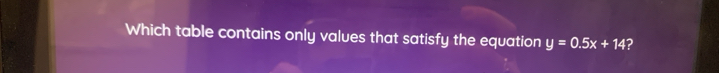 Which table contains only values that satisfy the equation y=0.5x+14 ?