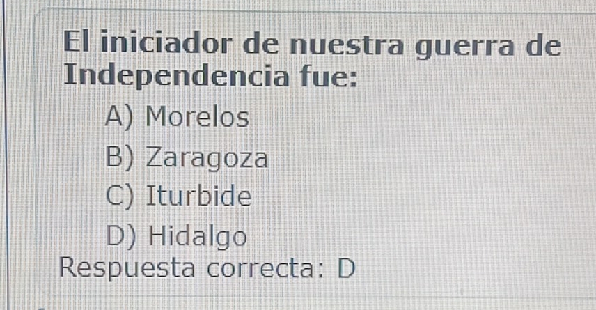 El iniciador de nuestra guerra de
Independencia fue:
A) Morelos
B) Zaragoza
C) Iturbide
D) Hidalgo
Respuesta correcta: D