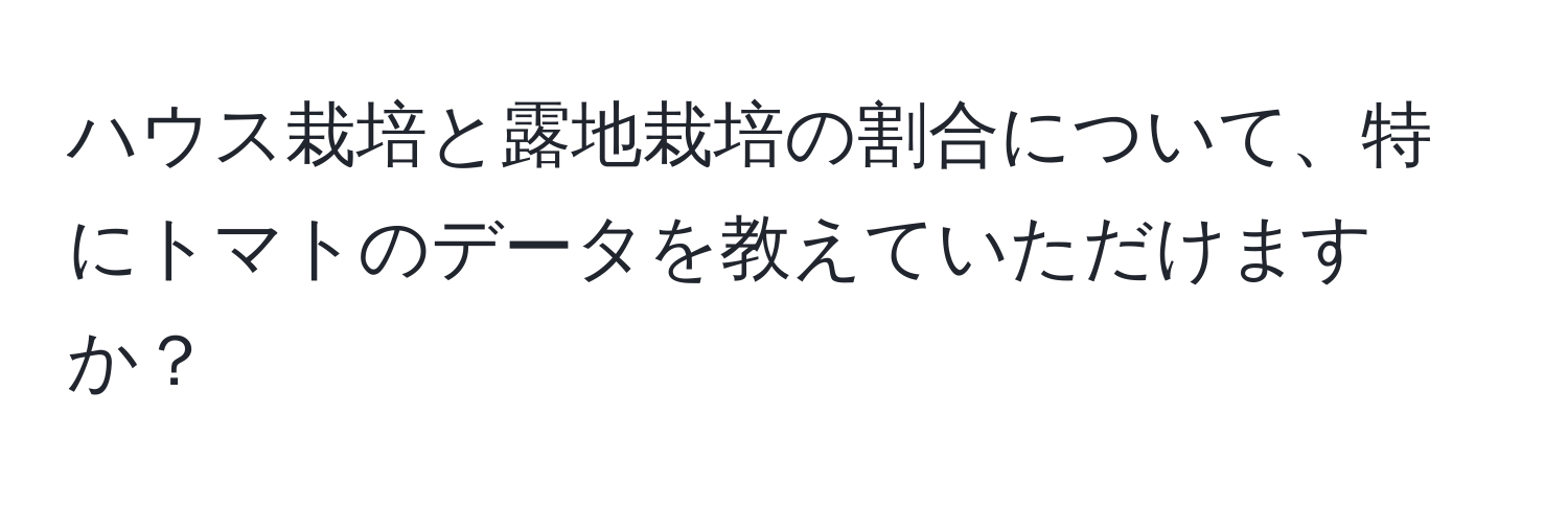 ハウス栽培と露地栽培の割合について、特にトマトのデータを教えていただけますか？