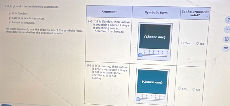 Let p, g, and r be the following statements. Symbolic form Is the argument
P^1 It is Sunday. Argument
valid?

q : Latoya is practicing soccer. (a) If it is Sunday, then Latoya
r: Latoya is sweating. is practicing soccer. Latoya
is practicing soccer.
∞
For each argument, use the slider to select the symbolic form. Therefore, it is Sunday.
Then determine whether the argument is valid, (Choose one)
○ Yes No
 1/4  :
(b) If it is Sunday, then Latoya
is practicing soccer. Latoya
is not practicing soccer.
Therefore, it is not
Sunday (Choose one)
Yes No
 1/4   2/1   3/1 