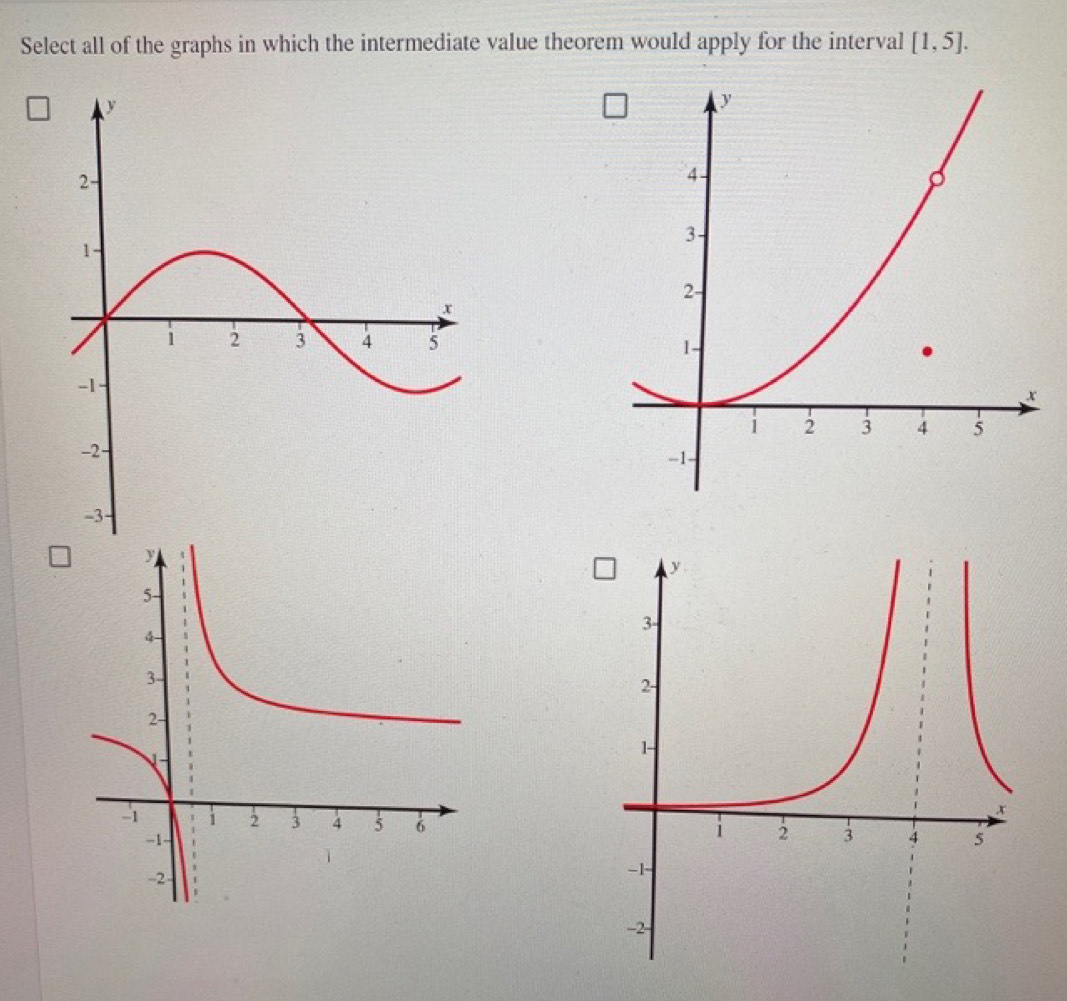 Select all of the graphs in which the intermediate value theorem would apply for the interval [1,5].