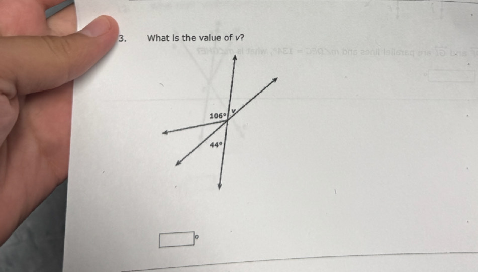 What is the value of v?
106°
v
44°