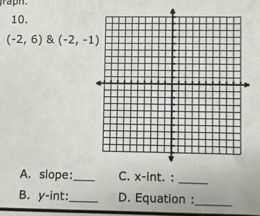 graph. 
10.
(-2,6) & (-2,-1)
A. slope:_ C. x -int. :_ 
B. y -int:_ D. Equation :_