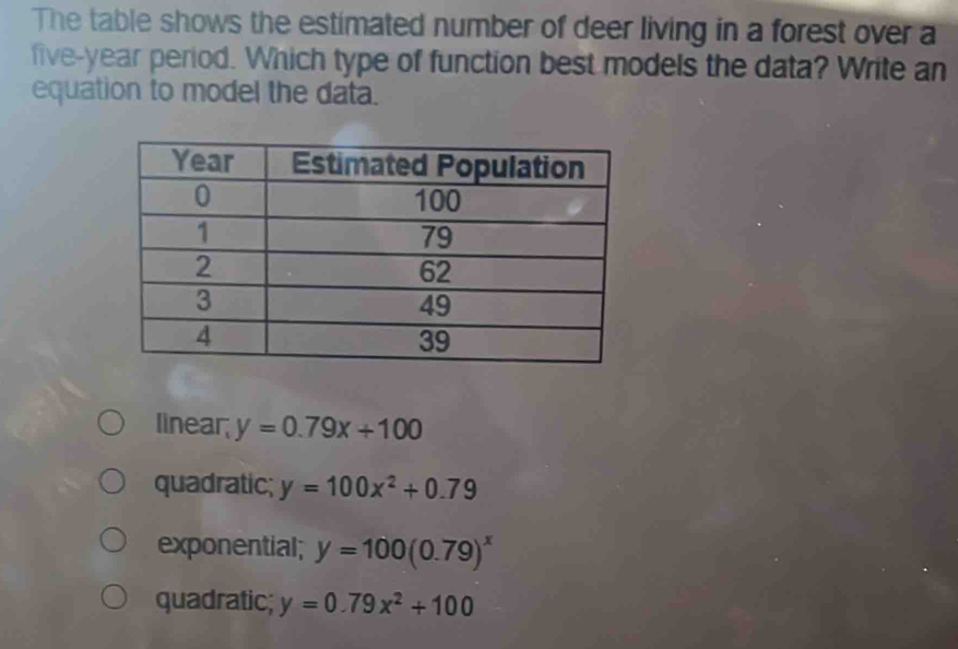 The table shows the estimated number of deer living in a forest over a
five-year period. Which type of function best models the data? Write an
equation to model the data.
linear y=0.79x+100
quadratic; y=100x^2+0.79
exponential; y=100(0.79)^x
quadratic; y=0.79x^2+100