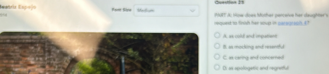 Qvesttion 23
Beatríz Espejo Ford Siize Medium
018 PART A: How does Mother perceive her daughter's
request to finish her soup in paragraph 47
A as cold and impatient
B. as mocking and resentful
C. as caring and concerned
D. as apologetic and regretful