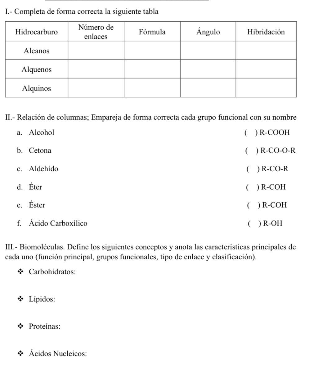 Completa de forma correcta la siguiente tabla
II.- Relación de columnas; Empareja de forma correcta cada grupo funcional con su nombre
a. Alcohol ) R-COOH
b. Cetona ( ) R-CO-O-R
c. Aldehído  ) R-CO-R
d. Éter ( ) R-COH
e. Éster  ) R-COH
f. Ácido Carboxílico ( ) R-OH
III.- Biomoléculas. Define los siguientes conceptos y anota las características principales de
cada uno (función principal, grupos funcionales, tipo de enlace y clasificación).
Carbohidratos:
Lípidos:
Proteínas:
Ácidos Nucleicos: