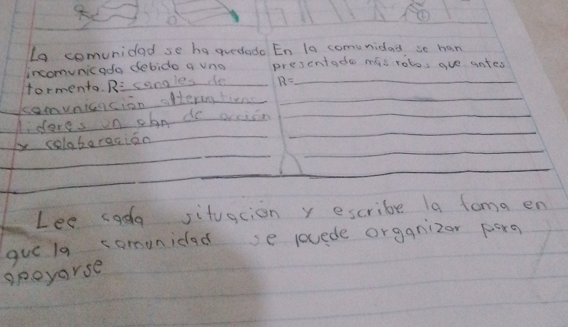 Lo comuridad se ha quedado En 1a comunidad se han 
incomunicado debido a vno presentado mas robos gue antes 
formento. R: cangles de R= _ 
comvnicacion ofterntine_ 
_ 
lideres on chan do arcion_ 
_ 
_
x celaberacian 
_ 
Lee cad situacion y escribe la foma en 
guela comunidad se locede orggnizor porg 
opoyorse