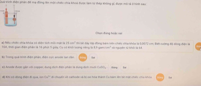 Quá trình điện phân đế mạ đồng lên một chiếc chìa khoá được làm từ thép không gỉ, được mô tả ở hình sau: 
Chọn đúng hoặc sai 
a) Nếu chiếc chìa khóa có diện tích môi mật là 25cm^2 thì bề dày lớp đồng bám trên chiếc chìa khóa là 0,0072 cm; Biết cường độ dòng điện là Đúr
10A, thời gian điện phân là 16 phút 5 giây, Cu có khối lượng riêng là 8,9 gam. /cm^3 và nguyên tử khối là 64. 
b) Trong quá trình điện phân, điện cực anode tan dần. Đúng Sai 
c) Anode được gần với copper, dung dịch điện phân là dung dịch muối CuSO_4. Dúng Sai 
d) Khi có dòng điện đi qua, ion Cu^(2+) di chuyến về cathode và bị oxi hóa thành Cu bám lên bề mặt chiếc chìa khóa. Đúng Sai