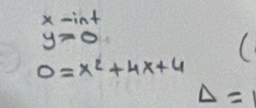 x-int
y=0
(
0=x^2+4x+4
Delta =