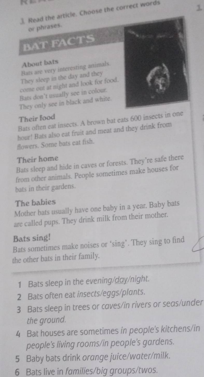 Read the article. Choose the correct words 
or phrases. 
BAT FACTS 
About bats 
Bats are very interesting animals. 
They sleep in the day and they 
come out at night and look for food. 
Bats don’t usually see in colour. 
They only see in black and white. 
Their food 
Bats often eat insects. A brown bat eats 600 insects in one 
hour! Bats also eat fruit and meat and they drink from 
flowers. Some bats eat fish. 
Their home 
Bats sleep and hide in caves or forests. They’re safe there 
from other animals. People sometimes make houses for 
bats in their gardens. 
The babies 
Mother bats usually have one baby in a year. Baby bats 
are called pups. They drink milk from their mother. 
Bats sing! 
Bats sometimes make noises or ‘sing’. They sing to find 
the other bats in their family. 
1 Bats sleep in the evening/day/night. 
2 Bats often eat insects/eggs/plants. 
3 Bats sleep in trees or caves/in rivers or seas/under 
the ground. 
4 Bat houses are sometimes in people's kitchens/in 
people’s living rooms/in people’s gardens. 
5 Baby bats drink orange juice/water/milk. 
6 Bats live in families/big groups/twos.