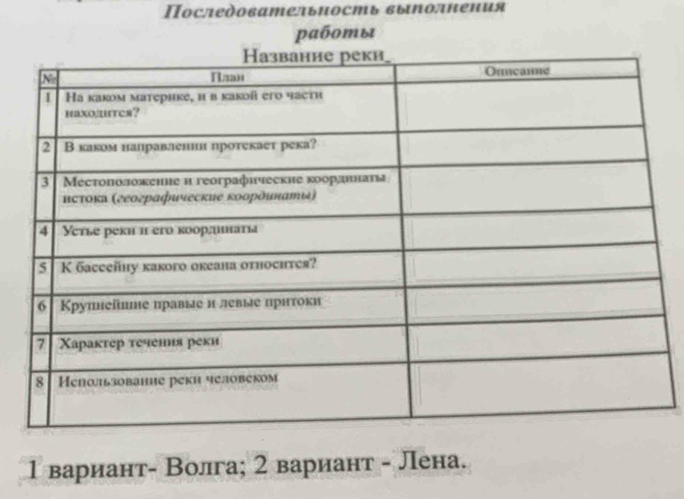 Последовательπость выΝолнения 
pабοты
1 вариант- Волга; 2 вариант - Лена.