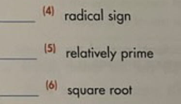 (4) radical sign 
_(5) relatively prime 
_(6) square root