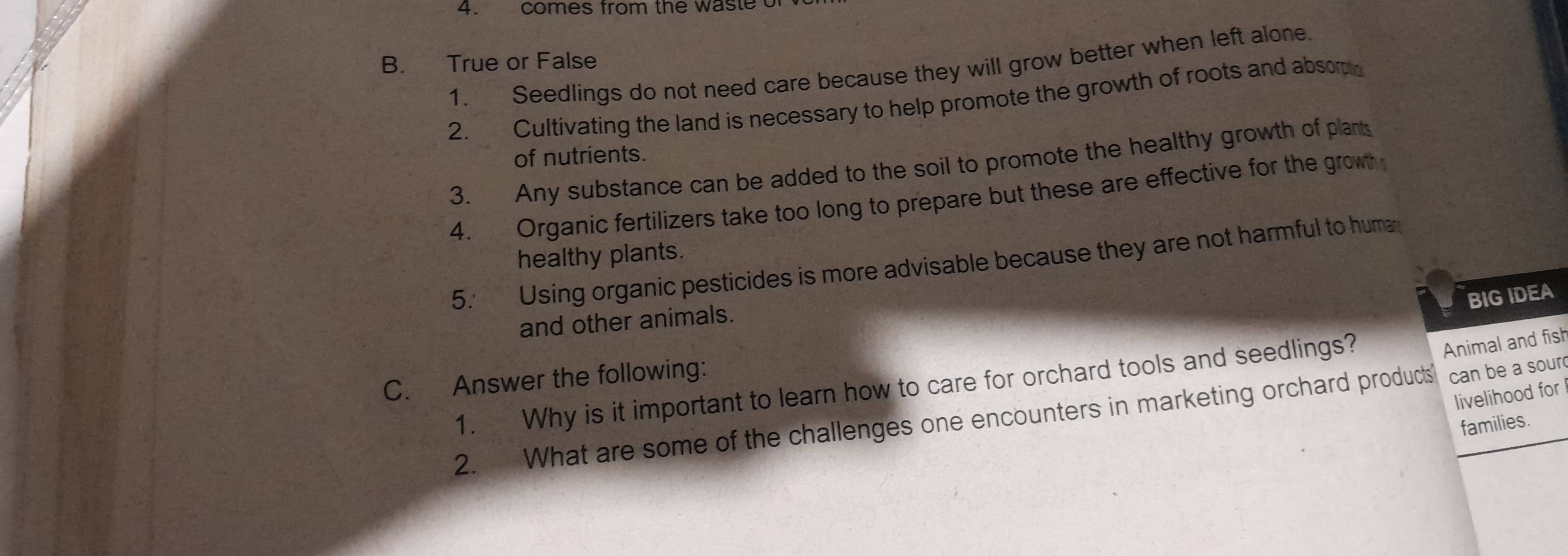 comes from the waste 
B. True or False 
1. Seedlings do not need care because they will grow better when left alone. 
2. Cultivating the land is necessary to help promote the growth of roots and absom 
of nutrients. 
3. Any substance can be added to the soil to promote the healthy growth of plants 
4. Organic fertilizers take too long to prepare but these are effective for the growt 
healthy plants. 
5. Using organic pesticides is more advisable because they are not harmful to huma 
BIG IDEA 
and other animals. 
C. Answer the following: 1. Why is it important to learn how to care for orchard tools and seedlings? 
Animal and fish 
livelihood for 
2. What are some of the challenges one encounters in marketing orchard products can be a sour 
families.