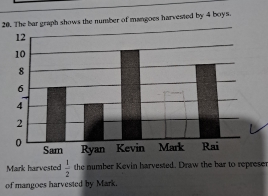 The bar graph shows the number of mangoes harvested by 4 boys. 
Mark harvested  1/2  the number Kevin harvested. Draw the bar to represer 
of mangoes harvested by Mark.