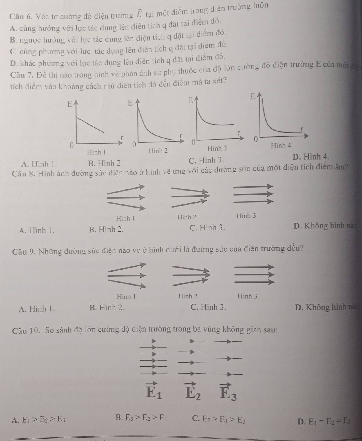 Véc tơ cường độ điện trường vector E tại một điểm trong điện trường luôn
A. cùng hướng với lực tác dụng lên điện tích q đặt tại điểm đó.
B. ngược hướng với lực tác dụng lên điện tích q đặt tại điểm đó.
C. cùng phương với lực tác dụng lên điện tích q đặt tại điểm đó.
D. khác phương với lực tác dụng lên điện tích q đặt tại điểm đó.
Câu 7. Đồ thị nào trong hình vẽ phản ánh sự phụ thuộc của độ lớn cường độ điện trường E của một địa
tích điểm vào khoảng cách r từ điện tích đó đến điểm mà ta xét?
A. Hình 1. B. Hình 2. C. Hình 3.
D. Hình 4.
Câu 8. Hình ảnh đường sức điện nào ở hình vẽ ứng với các đường sức của một điện tích điểm âm?
Hình 1 Hình 2 Hình 3
A. Hình 1. B. Hình 2. C. Hình 3. D. Không hình nào.
Câu 9. Những đường sức điện nào vẽ ở hình dưới là đường sức của điện trường đều?
Hình 1 Hinh 2 Hình 3
A. Hình 1. B. Hình 2. C. Hình 3. D. Không hình nào
Câu 10. So sánh độ lớn cường độ điện trường trong ba vùng không gian sau:
vector E_1 E_2 vector E_3
A. E_1>E_2>E_3 B. E_3>E_2>E_1 C. E_2>E_1>E_3
D. E_1=E_2=E_3