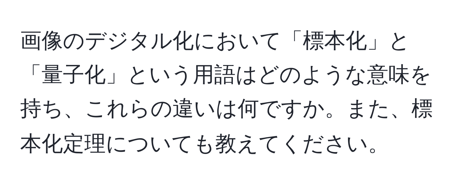 画像のデジタル化において「標本化」と「量子化」という用語はどのような意味を持ち、これらの違いは何ですか。また、標本化定理についても教えてください。