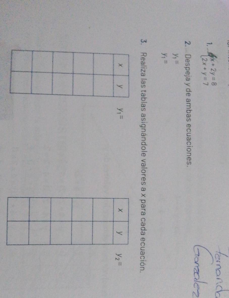 (:?;:; 
2. Despeja y de ambas ecuaciones.
y_1=
y_1=
3. Realiza las tablas asignándole valores a x para cada ecuación.
y_1= y_2=