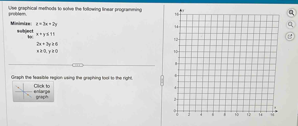 Use graphical methods to solve the following linear programming 
problem. 
Minimize: z=3x+2y
Q 
subject x+y≤ 11
to: B
2x+3y≥ 6
x≥ 0, y≥ 0
Graph the feasible region using the graphing tool to the right. 
Click to 
enlarge 
graph