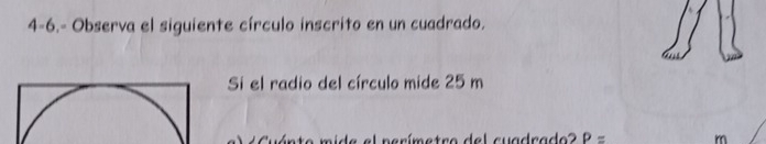 4-6.- Observa el siguiente círculo inscrito en un cuadrado. 
Si el radio del círculo mide 25 m
de el perímetro del cuadrado? P= m