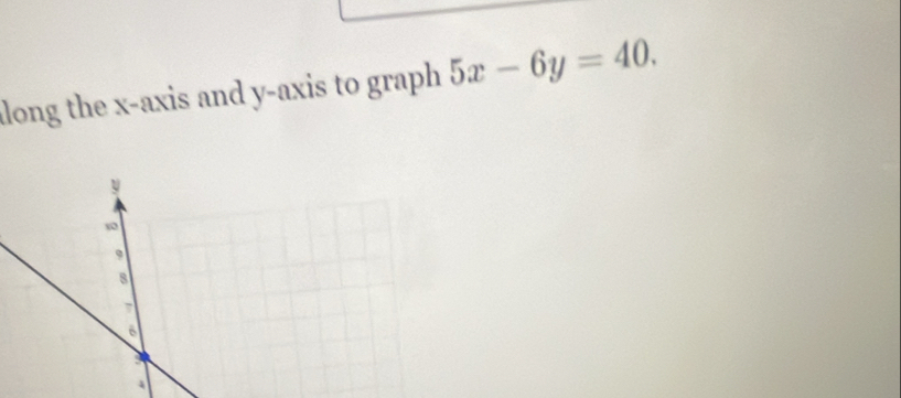 long the x-axis and y-axis to graph 5x-6y=40.