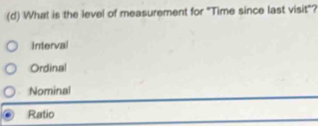 What is the level of measurement for "Time since last visit"?
Interval
Ordinal
Nominal
Ratio