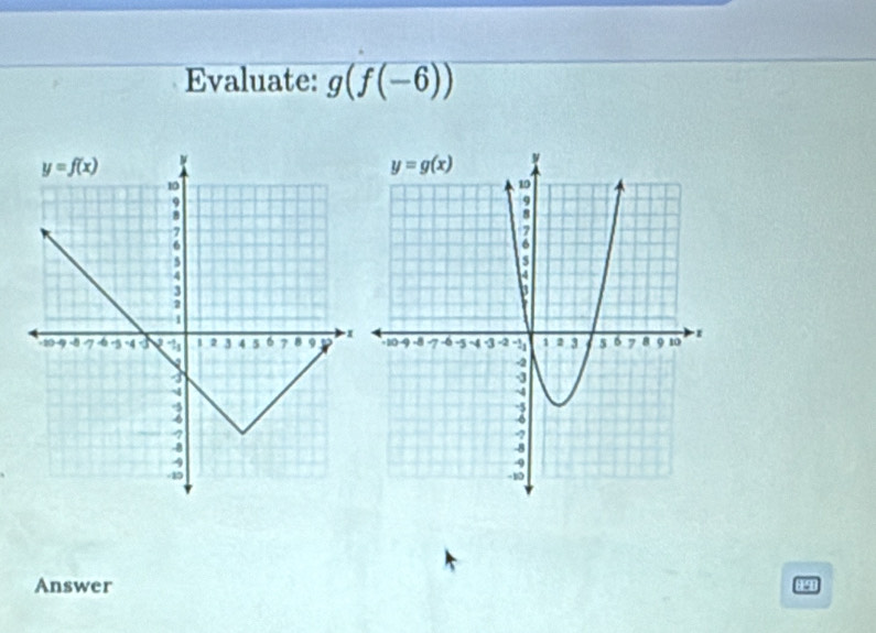 Evaluate: g(f(-6))
Answer 19