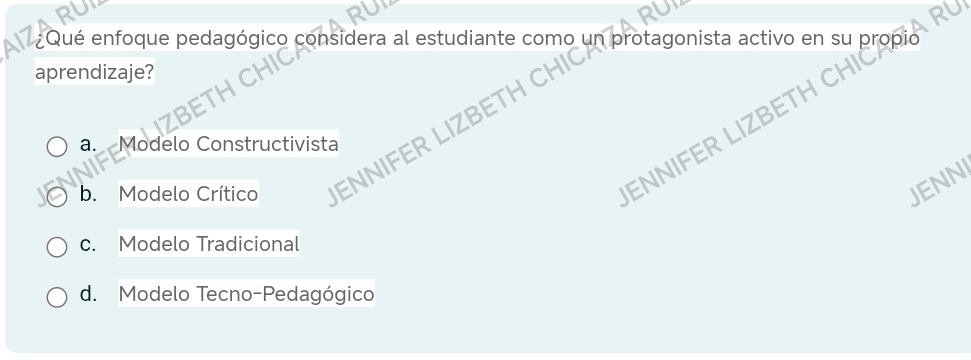 Qué enfoque pedagógico considera al estudiante como
aprendizaje?
ZBETH CHIC
a. Modelo Constructivista
b. Modelo Crítico
JENNI
c. Modelo Tradicional
d. Modelo Tecno-Pedagógico