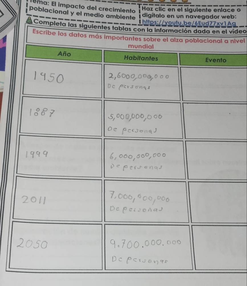 Tema: El impacto del crecimiento 
Haz clic en el siguiente enlace o 
poblacional y el medio ambiente 
digítalo en un navegador web: 
1https://youtu.be/6Eud77xv1Ag 
Completaídeo 
ivel