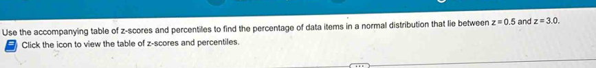 Use the accompanying table of z-scores and percentiles to find the percentage of data items in a normal distribution that lie between z=0.5 and z=3.0. 
Click the icon to view the table of z-scores and percentiles.