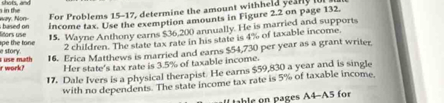 shots, and 
s in the 
way. Non- For Problems 15-17, determine the amount withheld yearly fo 
based on income tax. Use the exemption amounts in Figure 2.2 on page 132
litors use 15. Wayne Anthony earns $36,200 annually. He is married and supports 
pe the tone
2 children. The state tax rate in his state is 4% of taxable income. 
e story. 
r work? 16. Erica Matthews is married and earns $54,730 per year as a grant writer, 
use math 
Her state’s tax rate is 3.5% of taxable income. 
17. Dale Ivers is a physical therapist. He earns $59,830 a year and is single 
with no dependents. The state income tax rate is 5% of taxable income, 
table on pages A4-A5 for