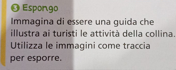 Espongo 
Immagina di essere una guida che 
illustra ai turisti le attività della collina. 
Utilizza le immagini come traccia 
per esporre.