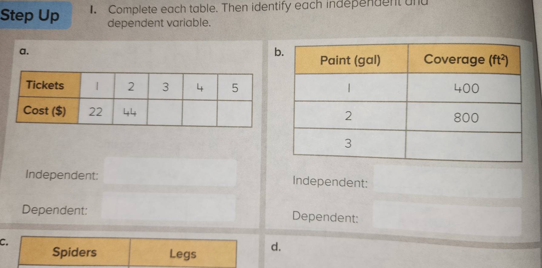 Step Up 1. Complete each table. Then identify each independent und
dependent variable.
a.
b
Independent:
Independent:
Dependent: Dependent:
C.
Spiders Legs
d.