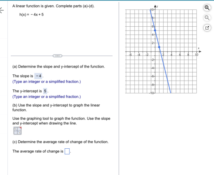 A linear function is given. Complete parts (a)-(d).
h(x)=-4x+5
(a) Determine the slope and y-intercept of the function. 
The slope is - 4. 
(Type an integer or a simplified fraction.) 
The y-intercept is 5. 
(Type an integer or a simplified fraction.) 
(b) Use the slope and y-intercept to graph the linear 
function. 
Use the graphing tool to graph the function. Use the slope 
and y-intercept when drawing the line. 
(c) Determine the average rate of change of the function. 
The average rate of change is □.