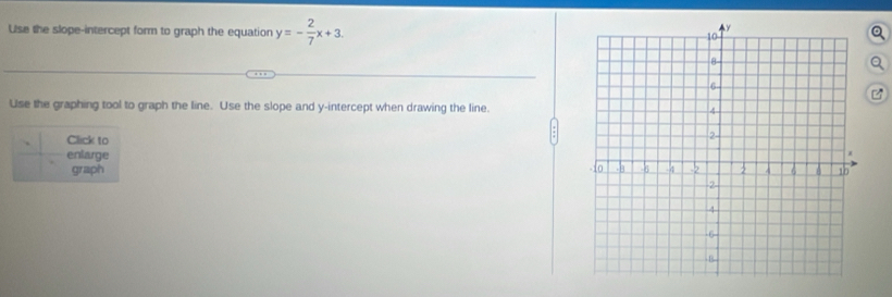 Use the slope-intercept form to graph the equation y=- 2/7 x+3. 
Use the graphing tool to graph the line. Use the slope and y-intercept when drawing the line. 
Click to 
enlarge 
graph