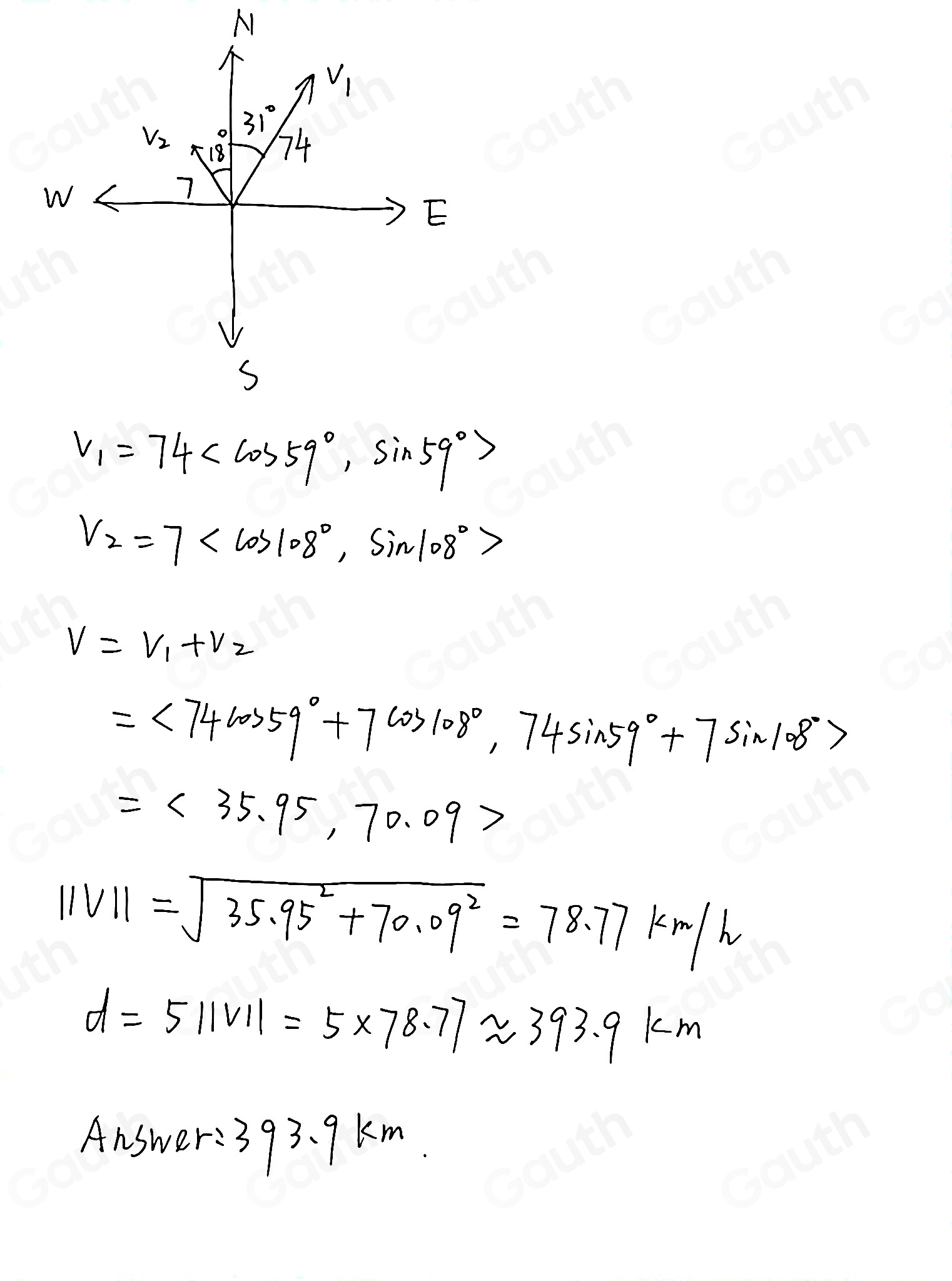 N
v_1=74 , sin 59°>
V_2=7 , sin 108°>
nu =nu _1+nu _2
=<74cos 59°+7cos 108°, 74sin 59°+7sin 108°>
=<35.95,70.09>
||v||=sqrt(35.95^2+70.09^2)=78.77km/h
d=511V11=5* 78.77approx 393.9km
Answer: 393. 9km