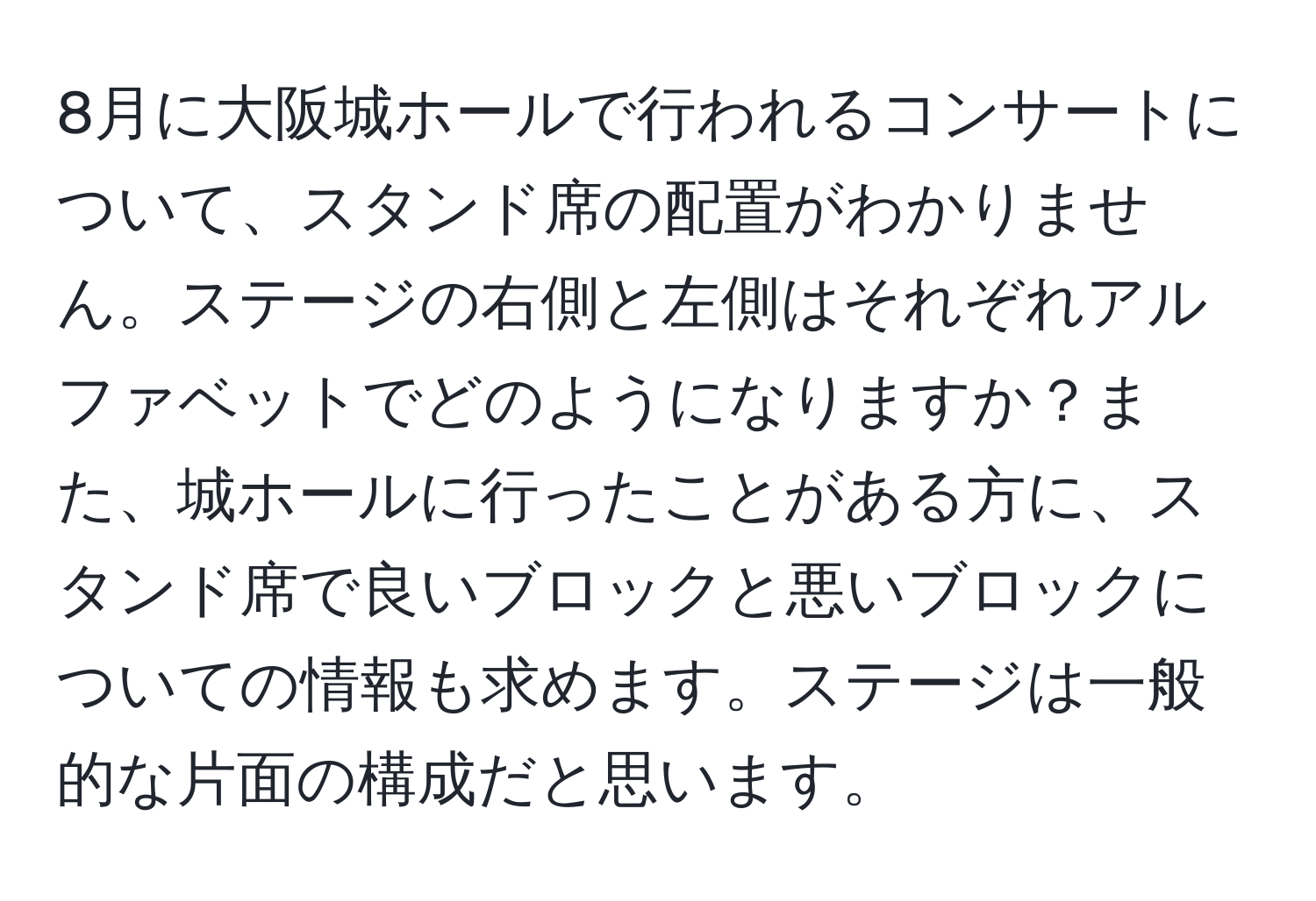 8月に大阪城ホールで行われるコンサートについて、スタンド席の配置がわかりません。ステージの右側と左側はそれぞれアルファベットでどのようになりますか？また、城ホールに行ったことがある方に、スタンド席で良いブロックと悪いブロックについての情報も求めます。ステージは一般的な片面の構成だと思います。