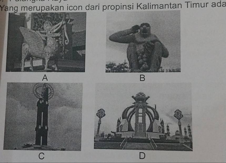 Yang merupakan icon dari propinsi Kalimantan Timur ada
A
B
C
D