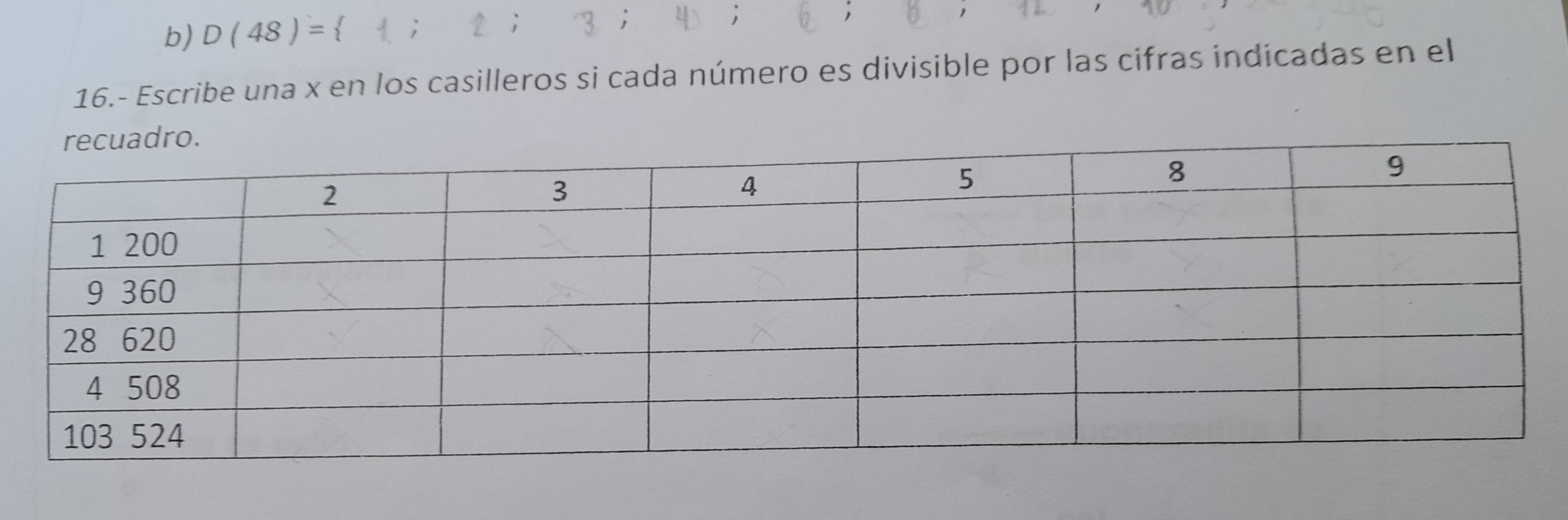 D(48)=
 
16.- Escribe una x en los casilleros si cada número es divisible por las cifras indicadas en el