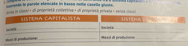 Completa 
a i sistema capita l ista e 
inserendo le parole elencate in basso nelle caselle giuste. 
divisa in classi » di proprietà collettiva » di proprietà privata » senza classi