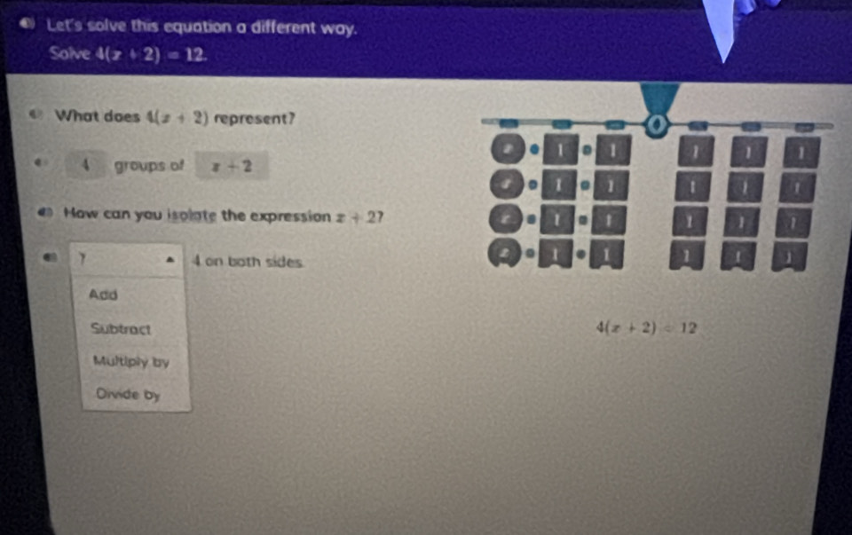 Solved: Let's solve this equation a different way. Solve 4(x+2)=12 ...