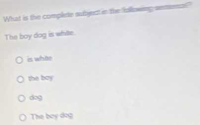 What is the complete subject in the folnwing semenc
The boy dog is while
is white
the boy
dog
The boy dog