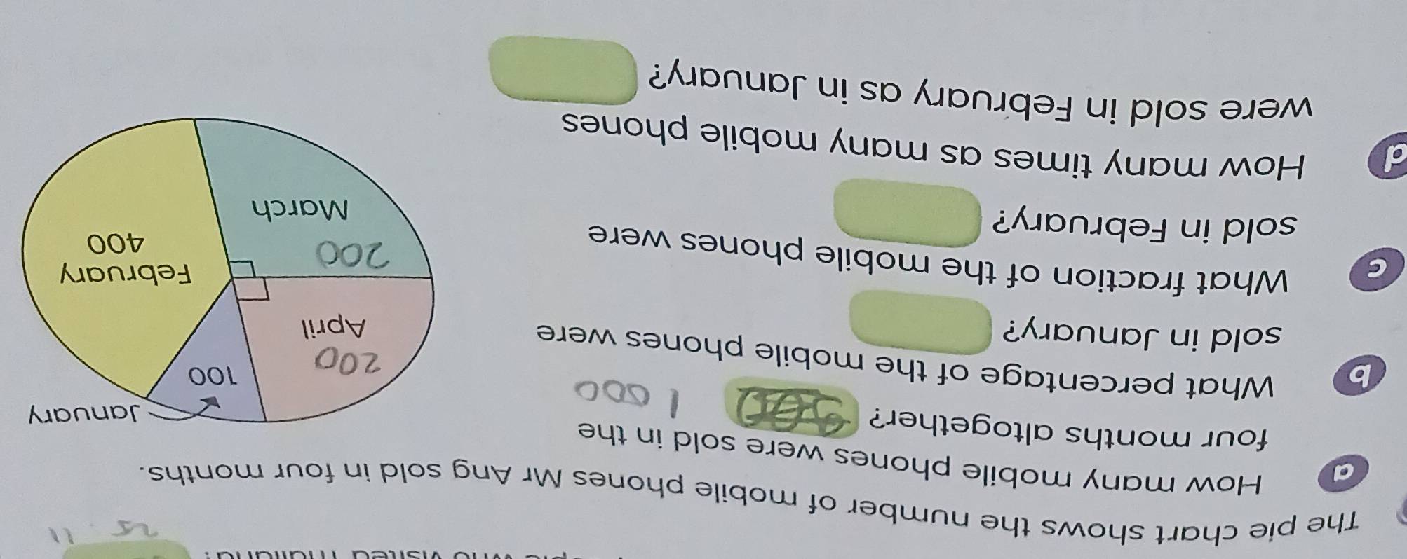 The pie chart shows the number of mobile phones Mr Ang sold in four months. 
a 
How many mobile phones were sold in the
four months altogether? 
b 
What percentage of the mobile phones were 
sold in January? 
C 
What fraction of the mobile phones were 
sold in February? 
d 
How many times as many mobile phones 
were sold in February as in January?