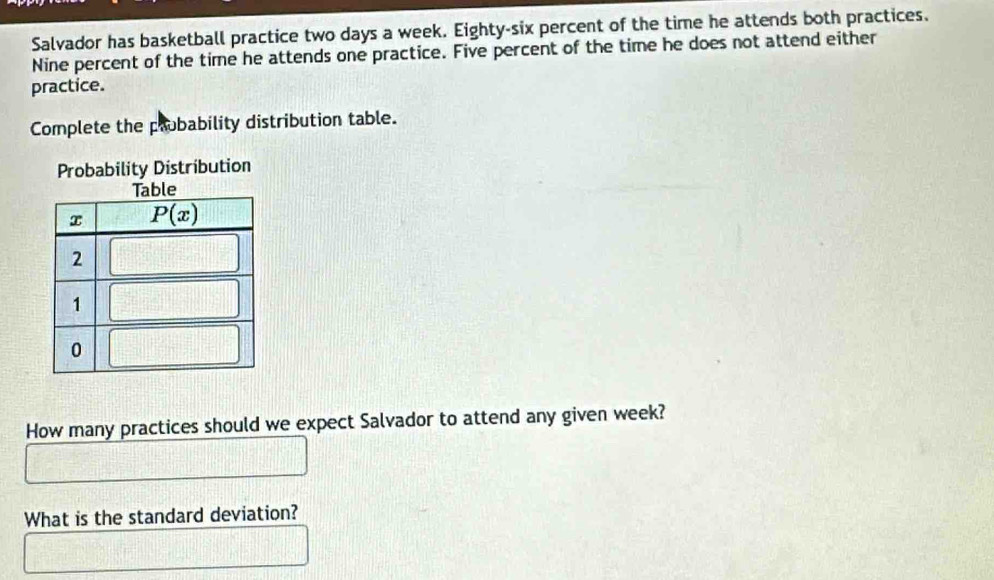 Salvador has basketball practice two days a week. Eighty-six percent of the time he attends both practices.
Nine percent of the time he attends one practice. Five percent of the time he does not attend either
practice.
Complete the probability distribution table.
Probability Distribution
How many practices should we expect Salvador to attend any given week?
What is the standard deviation?