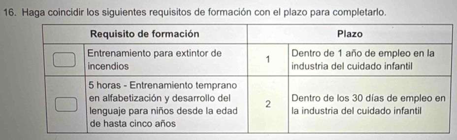 Haga coincidir los siguientes requisitos de formación con el plazo para completarlo.